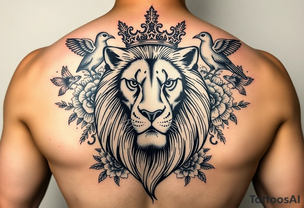 powerful majestic lion with a crown, surrounded by floral ornaments and birds tattoo idea