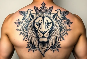 powerful majestic lion with a crown, surrounded by floral ornaments and birds tattoo idea