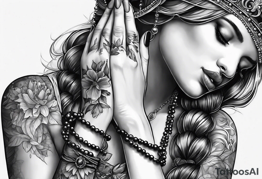 A woman’s praying hands holding a rosary catholic style tattoo idea