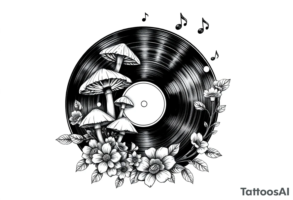 vinyl record with mushrooms, flowers, and music notes tattoo idea