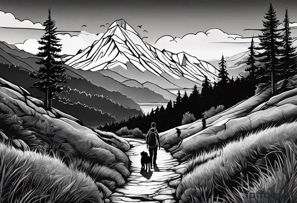 nature, sunset, mountains, a father and son hiking with their dog and cat and a cross tattoo idea