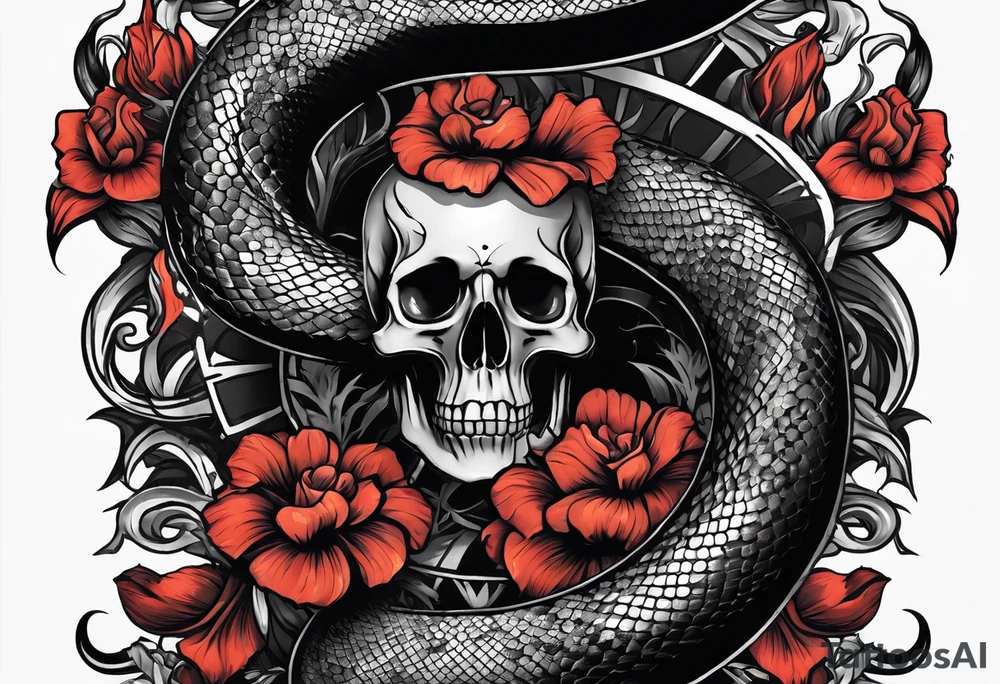 snake sleeve tattoo with skull, snake as focal point, with the word Hydra on it tattoo idea