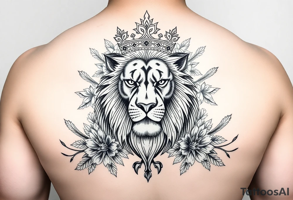 powerful majestic lion with a crown, surrounded by floral ornaments and birds tattoo idea