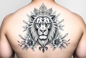 powerful majestic lion with a crown, surrounded by floral ornaments and birds tattoo idea