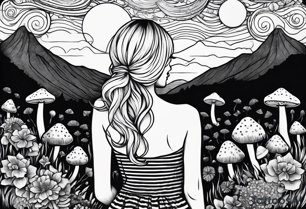 Straight blonde hair girl facing away toward mountains surrounded by mushrooms crescent moon circular design black and white striped dress tattoo idea