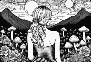 Straight blonde hair girl facing away toward mountains surrounded by mushrooms crescent moon circular design black and white striped dress tattoo idea