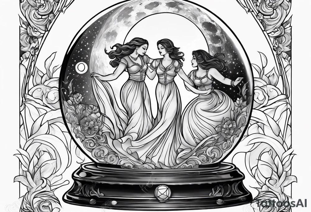 crystal ball that shows three women dancing underneath a full moon tattoo idea