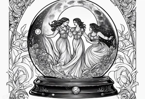 crystal ball that shows three women dancing underneath a full moon tattoo idea