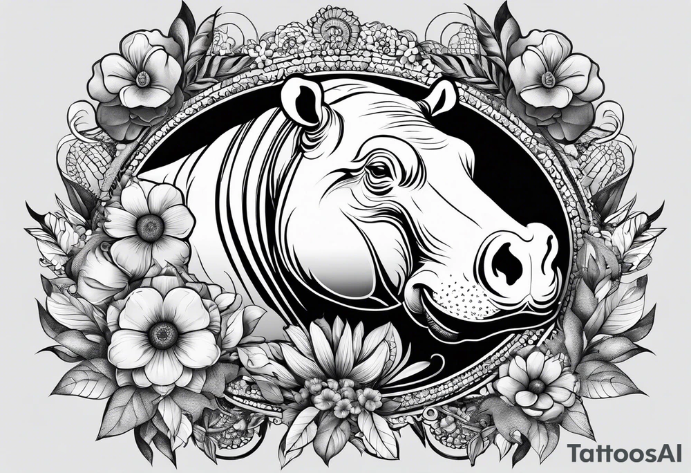Hippo, flowers, moon, fine lines, tribal, tattoo idea