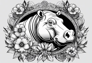 Hippo, flowers, moon, fine lines, tribal, tattoo idea