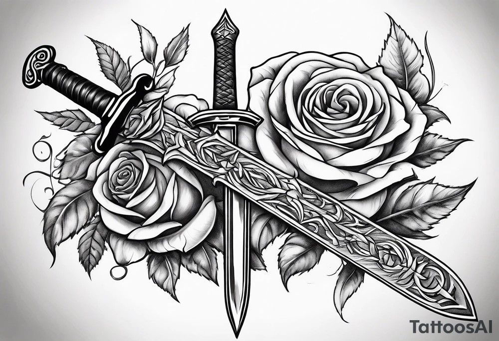 sword with rose and thorns background tattoo idea