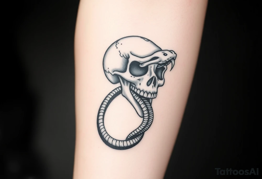 A hyper-realistic Dark Mark, with the snake slithering out of the skull’s open mouth, coiled in a hypnotic pose tattoo idea