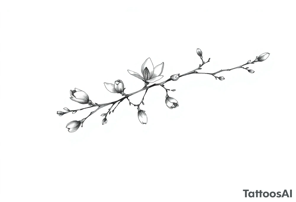 Magnolia branch long with different small half opened flowers, botanical details tattoo idea