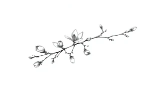 Magnolia branch long with different small half opened flowers, botanical details tattoo idea