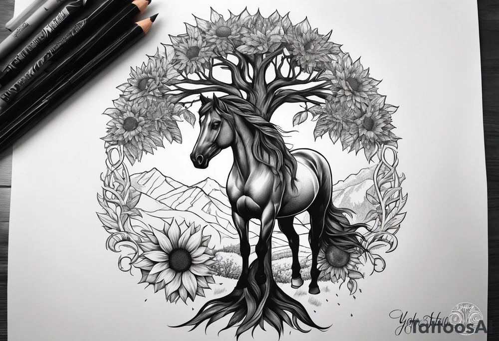 Yggdrasil tree, horse, sunflower tattoo idea