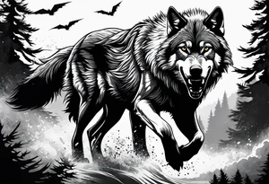 Powerful storm raging through forest with an alpha wolf snarling tattoo idea