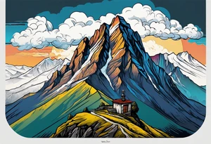 composizione con un esploratore che fa trekking e sullo sfondo una montagna (Gran Sasso, Italia) tattoo idea