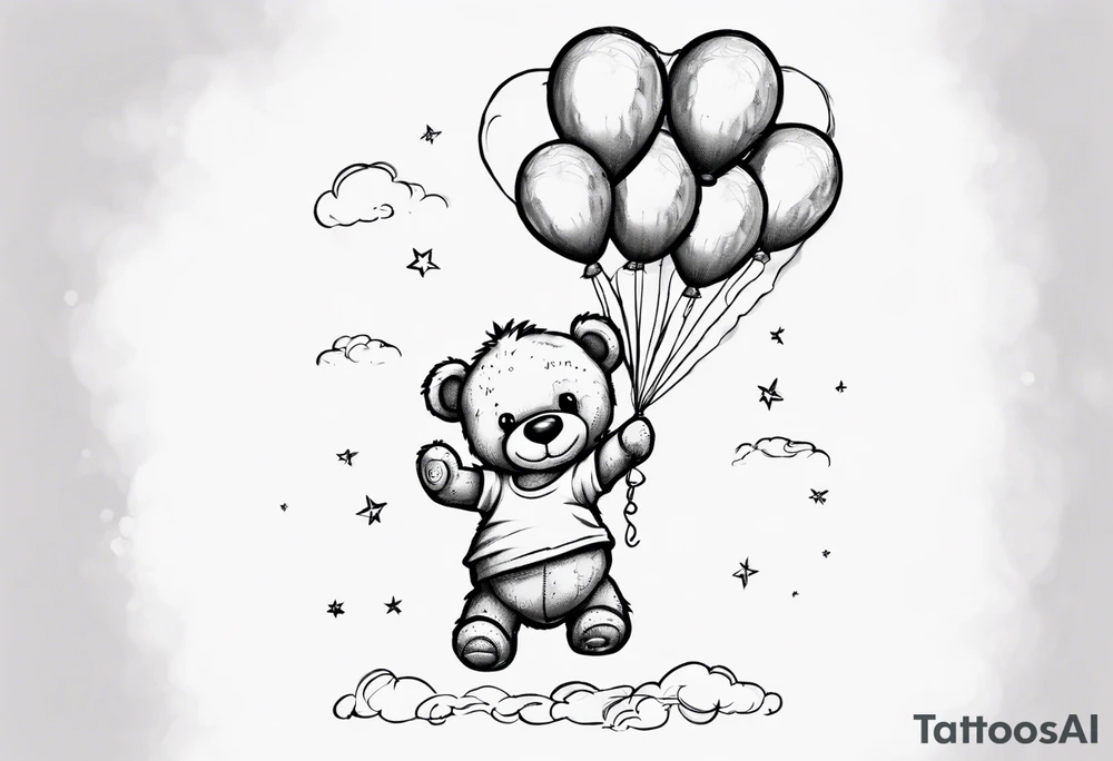 Scruffy teddy bear holding on to balloons and wearing a T-shirt saying ‘dream’ , going up to the sky tattoo idea