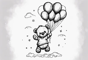 Scruffy teddy bear holding on to balloons and wearing a T-shirt saying ‘dream’ , going up to the sky tattoo idea