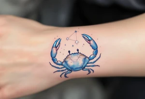 A delicate Cancer star constellation in shimmering silver ink arcs above a soft blue watercolor crab. tattoo idea