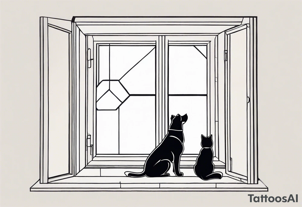 dog and cat sitting on floor and looking out tall octagonal window together tattoo idea