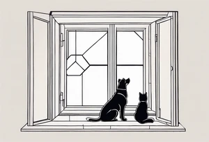 dog and cat sitting on floor and looking out tall octagonal window together tattoo idea