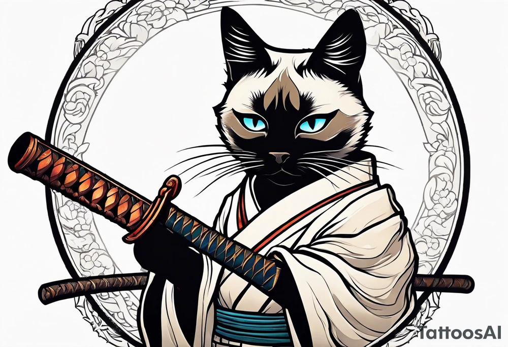 Siamese samurai cat holding a rusty katana tattoo idea