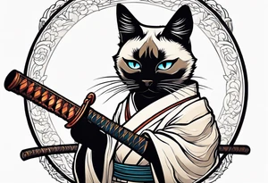 Siamese samurai cat holding a rusty katana tattoo idea