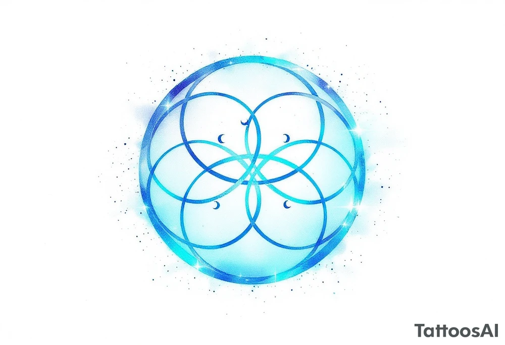 The symbol is formed by interwoven lines, creating a perfect circle, with an aura of pale blue light. The rune emits a soft, mystical glow and is complemented by small crescent moons surrounding it, symbolizing the infinity of love. tattoo idea