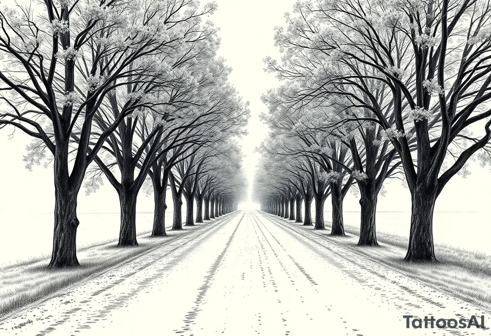 Tree-lined dirt road. Road is rough, little shoulder. Deciduous trees arch across it, meeting in the middle. 

Road should be rougher, more rural. Branches start lower. The trees in the foreground should be bigger — perspective has road getting smaller. 

Make the trees leafier. Branches begin lower on the trunk. 

Much leafier trees. Summer. Can’t see much behind the trees tattoo idea
