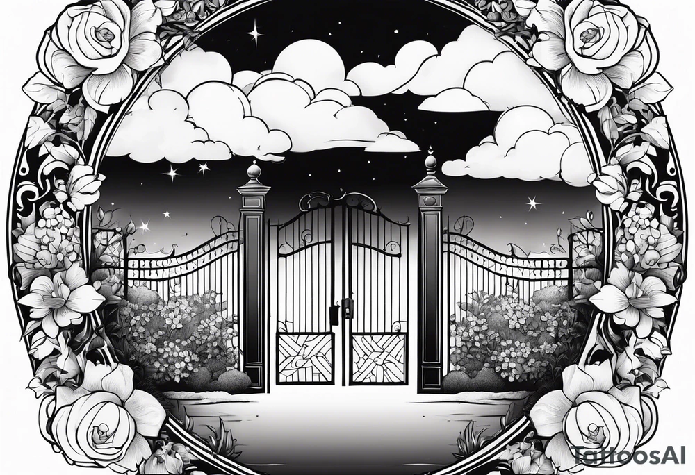 night town garden gate entrance
in circle vignette surrounded by clouds floral tattoo idea