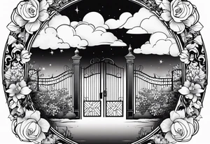 night town garden gate entrance 
 in circle vignette surrounded by clouds floral tattoo idea