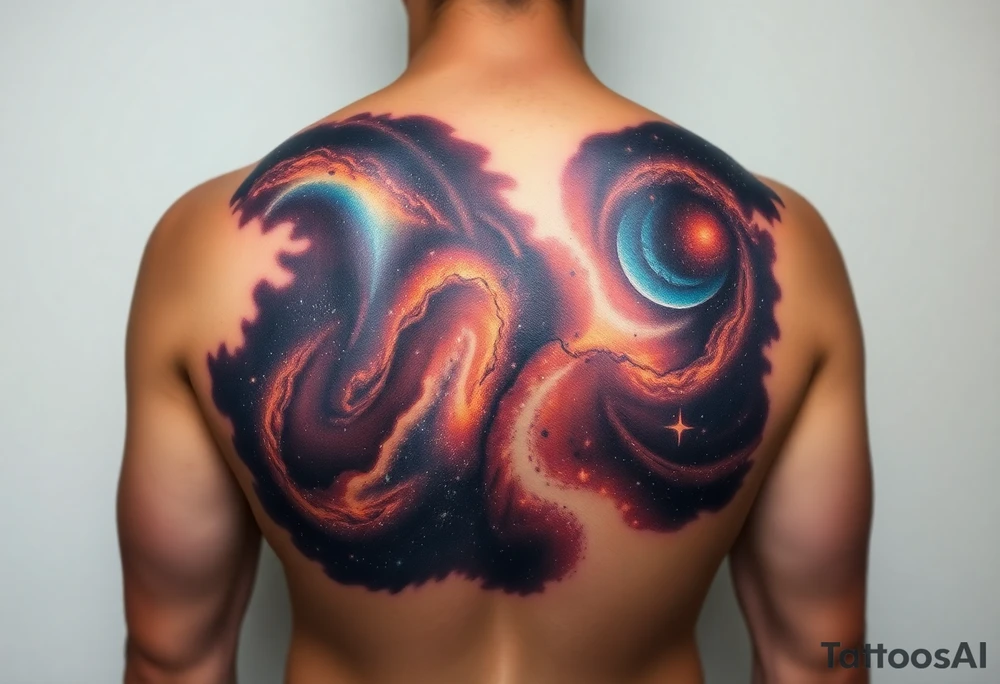 Beautiful and epic 3d milky way that appears to be what is beneath the skin. Make it drape over the shoulder and move to the middle back. use negative spaces to create stars and dust. Incorporate God breathing life into the universe. IKeep it symmetrical tattoo idea