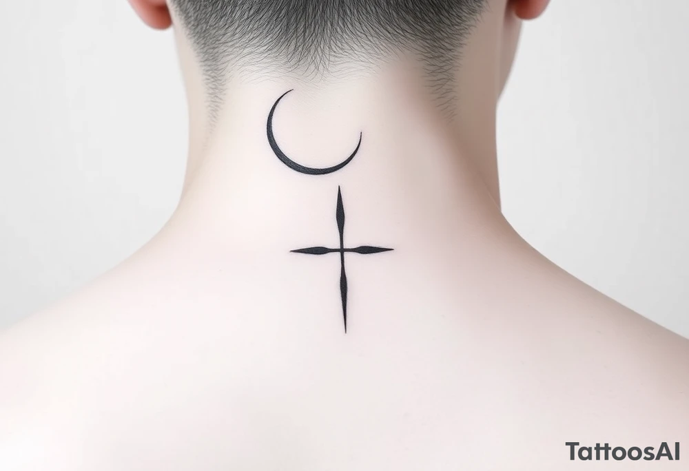 A minimalist crescent moon neck tattoo with a sleek, modern design. The crescent moon is positioned at the top, curving to the left, with a thin, clean line. Below the moon, there is a vertical line intersected by a sharp, star-like shape with four points. The star shape has elongated top and bottom points, giving it a clean, symmetrical look. The tattoo is placed behind the ear, following the natural curve of the neck. The lines are crisp and delicate, creating a stylish, celestial vibe." tattoo idea