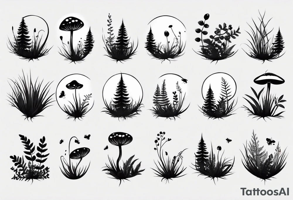 forest floor inspired minimalist tattoo, which includes grass, curly ferns, moss and dead leaves as the bulk of the tattoo. details to include: forest berries, a tiny bumblebee flying nearby, three small brown mushrooms
Generate a vertically long one tattoo idea