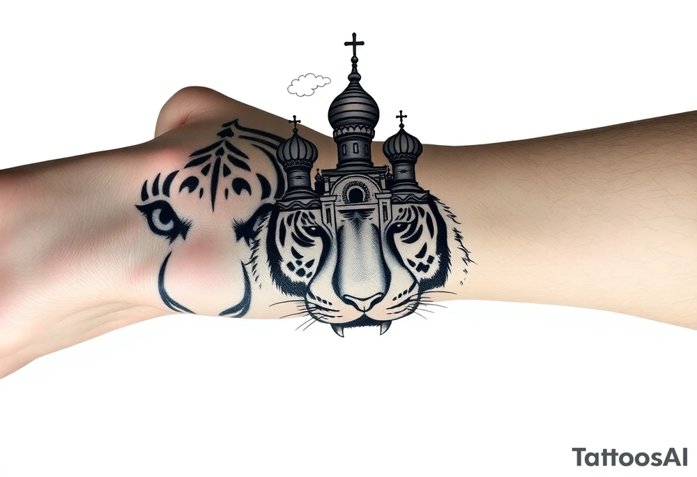 Realistic tiger face on the back of the hand with strong contrast and fine detail with hollow black eyes. with a highly detailed Russian Orthodox cathedral sitting above on fore arm with onion domes and orthodox crosses, done in fine line, engraving-like style. Cohesive composition, black ink only, no color, high contrast, slightly aged, documentary-style, plain light background. with clouds above and a virgin mary tattoo idea