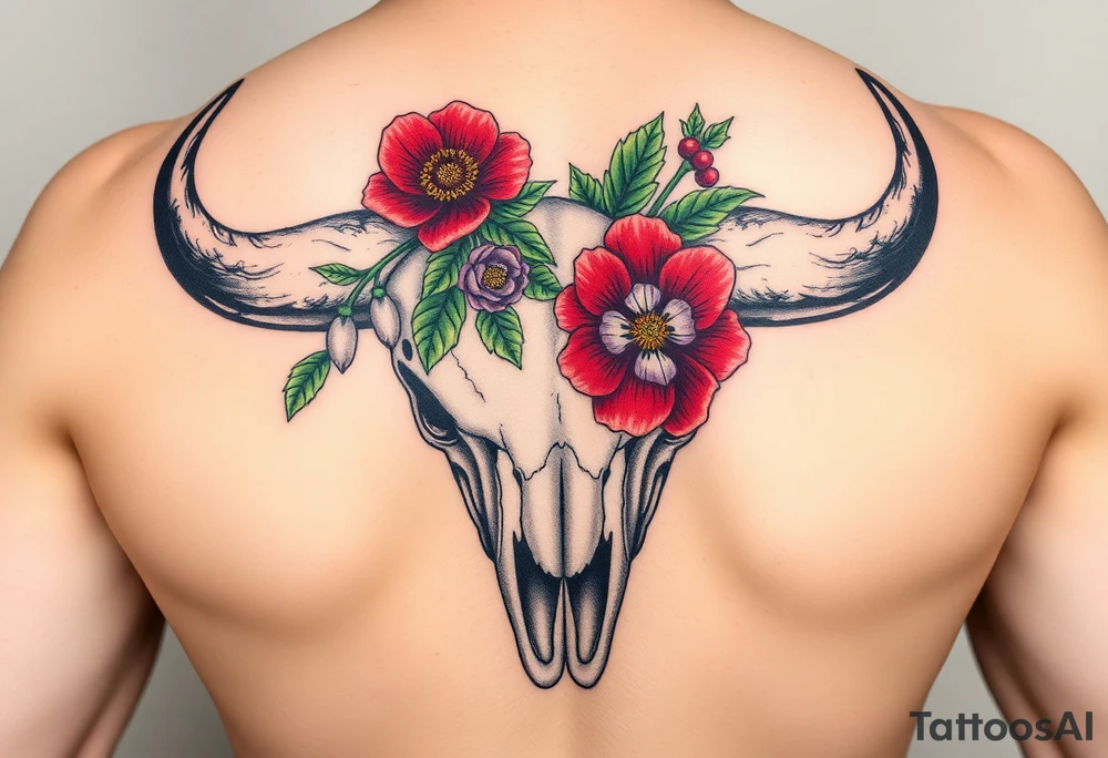 Buffalo or bison skull with flowers. Snow drop and red peony. Green holly with red berries, purple larkspur, red peony.  Colour. For upper arm or shoulder. Masculin. tattoo idea