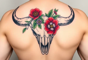Buffalo or bison skull with flowers. Snow drop and red peony. Green holly with red berries, purple larkspur, red peony.  Colour. For upper arm or shoulder. Masculin. tattoo idea