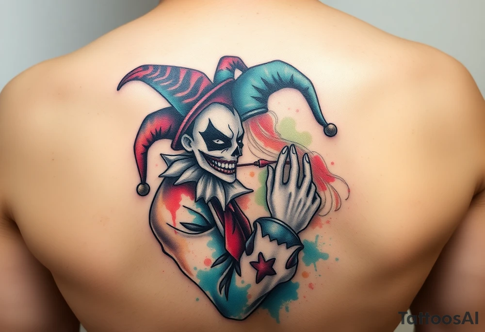 a toxic jester couple holding each other with cheeks being pulled to force smile tattoo idea