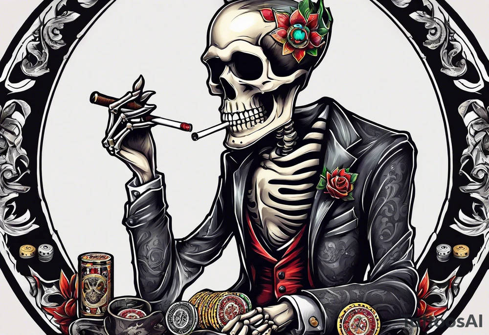 skeleton smoking cigar with poker chips, dealing the cards
"Don't deal with the devil" tattoo idea