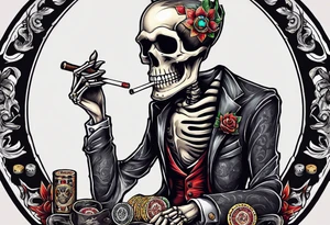 skeleton smoking cigar with poker chips, dealing the cards
"Don't deal with the devil" tattoo idea