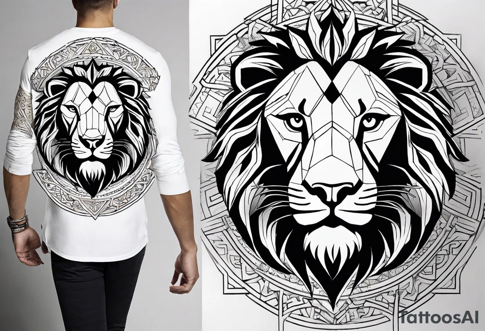 A full tattoo sleeve designed with a strong, masculine aesthetic, featuring a powerful lion as the centerpiece. The lion, symbolizing strength, courage, and leadership, is depicted with intricate detail and dynamic shading, capturing its fierce expression and majestic mane. Surrounding the lion, incorporate geometric patterns that add structure and contrast to the design. These patterns are bold and angular, creating a sense of order and symmetry that complements the natural form of the lion. The geometric elements are woven around the lion, emphasizing its central position while providing a modern, edgy backdrop. The shading throughout the sleeve is deep and dramatic, enhancing the contrast between the organic features of the lion and the precise lines of the geometric patterns. The overall design is bold, intense, and visually striking, combining the raw power of the lion with the clean, ordered aesthetic of geometric patterns for a cohesive and masculine tattoo sleeve. tattoo idea