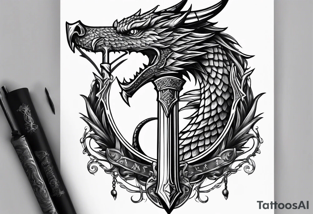 Valhalla sword shield dragon axe tattoo idea