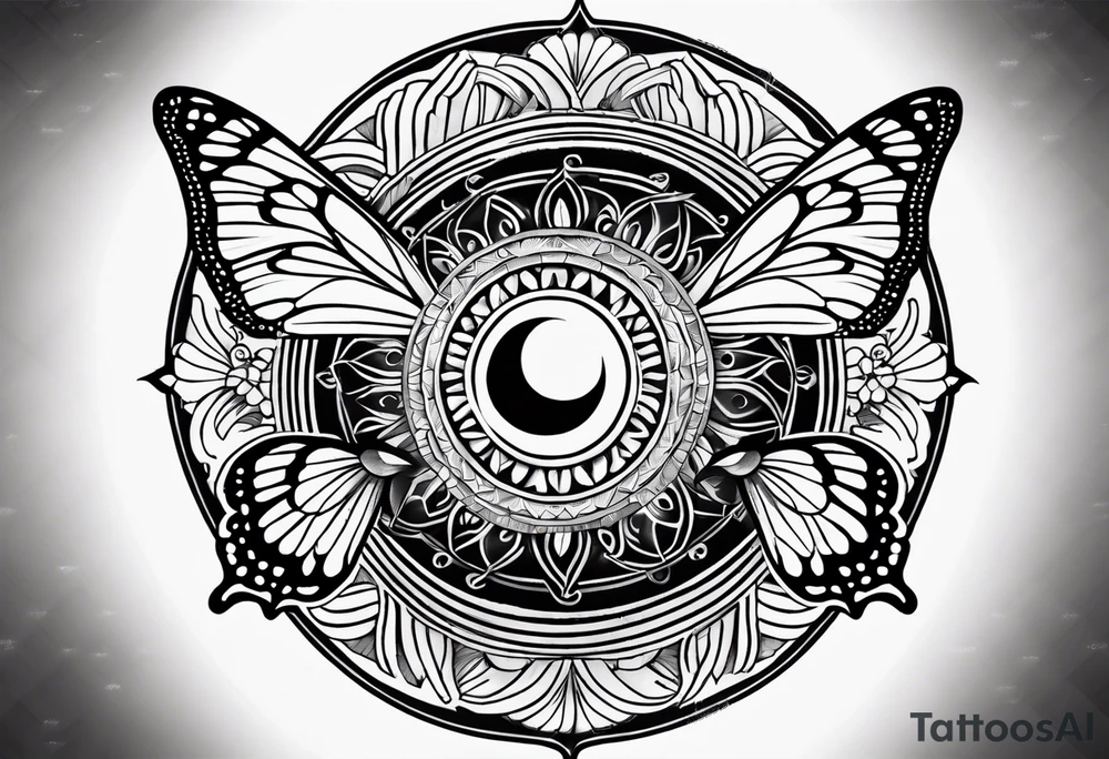 Spiritual mandala tattoo sleeve with 444, eye of Horus, tree of life and butterflies tattoo idea