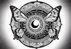Spiritual mandala tattoo sleeve with 444, eye of Horus, tree of life and butterflies tattoo idea