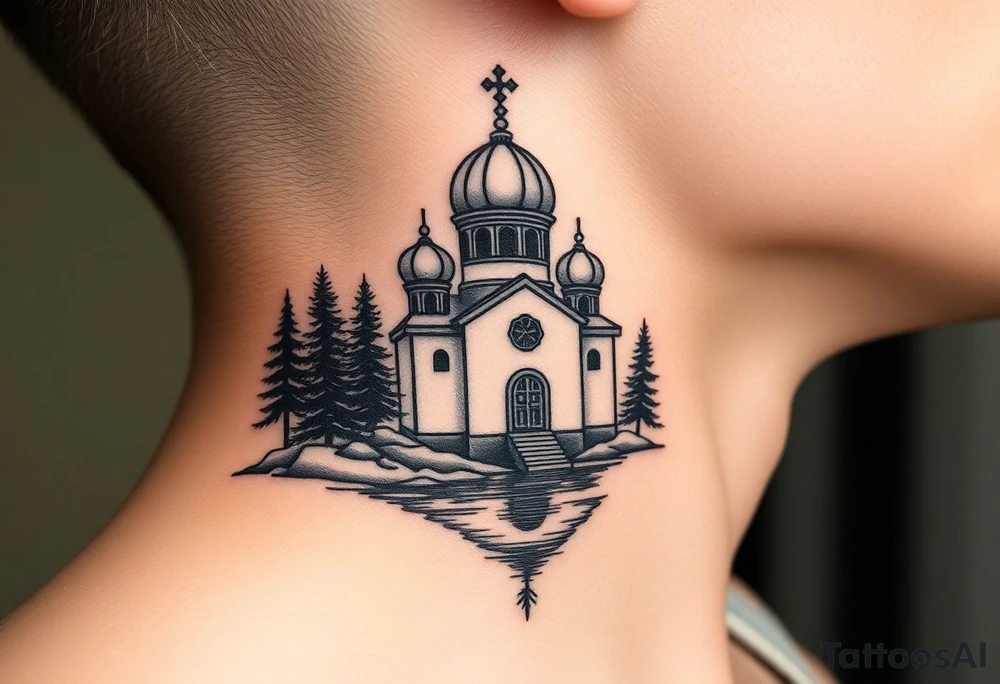 medium sized russian orthodox dome church with a separated virgin mary with a lake and pine trees on the sized of my neck tattoo idea