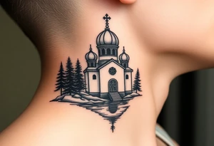 medium sized russian orthodox dome church with a separated virgin mary with a lake and pine trees on the sized of my neck tattoo idea
