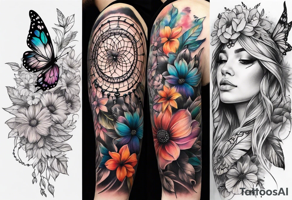 arm sleeve with dreamcatcher, rainbow flowers and one butterfly tattoo idea