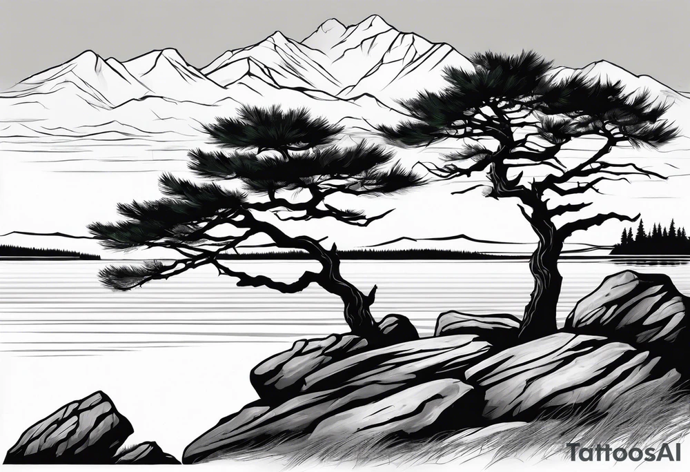 Sleeve tattoo windswept pine tree before lake with low rock face on another side of lake. Mastiff silhouette in foreground. tattoo idea