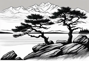 Sleeve tattoo windswept pine tree before lake with low rock face on another side of lake. Mastiff silhouette in foreground. tattoo idea